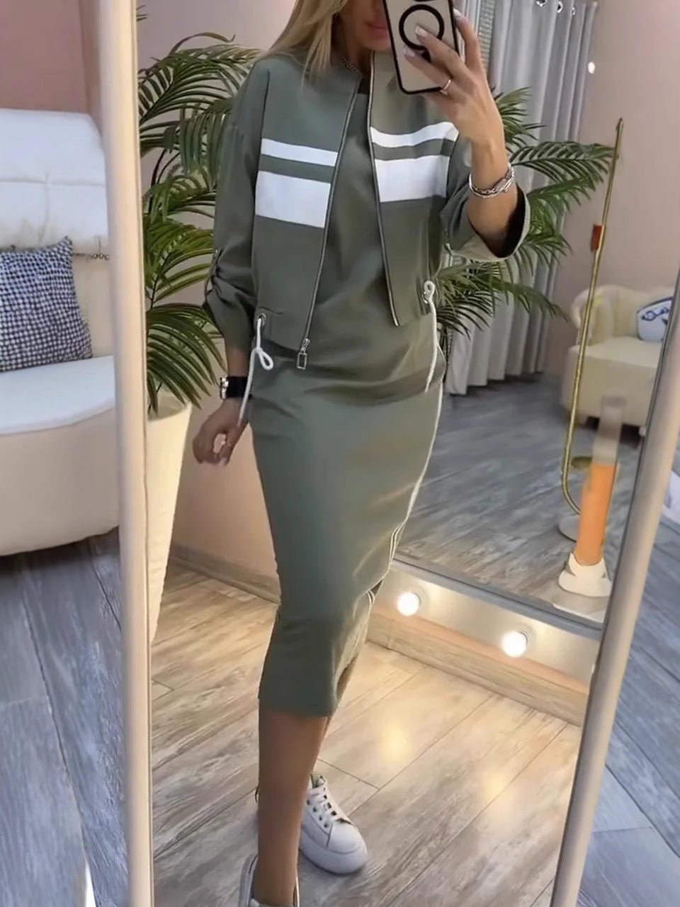 Striped Zip Up Jacket and Midi Skirt Two Piece Set