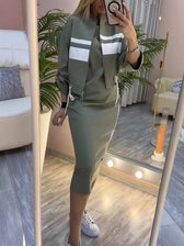 Striped Zip Up Jacket and Midi Skirt Two Piece Set