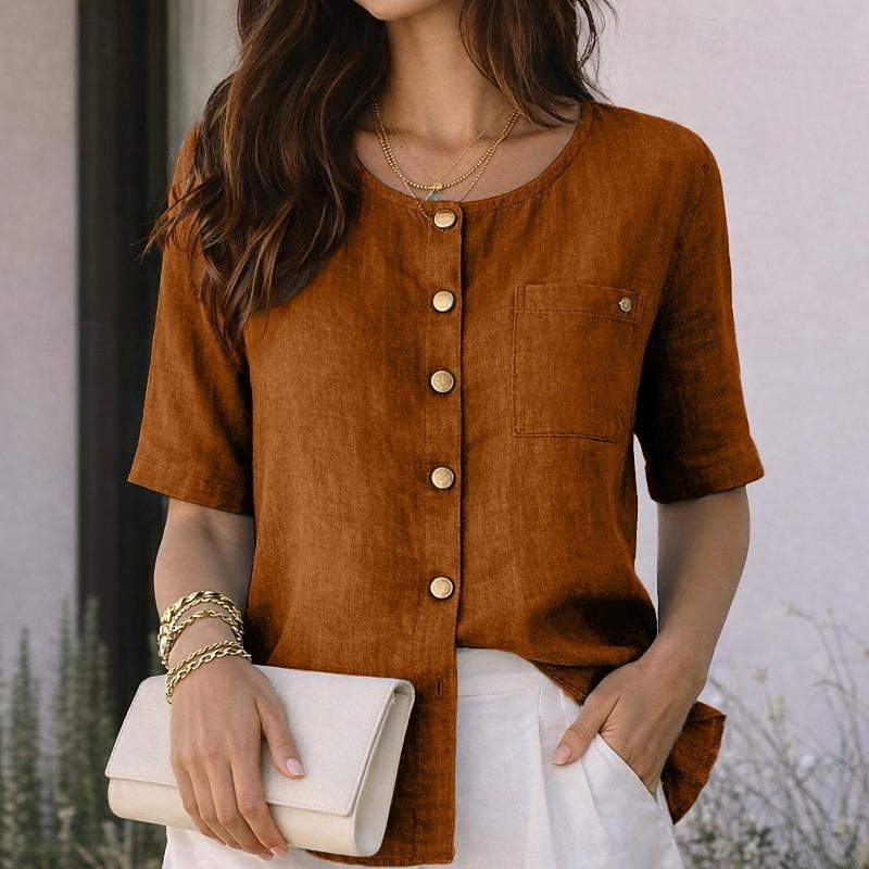Round Neck Short Sleeve Button Front Blouse
