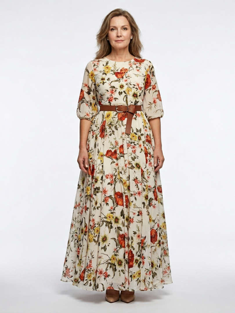 Floral Round Neck Three Quarter Sleeve Belted Maxi Dress