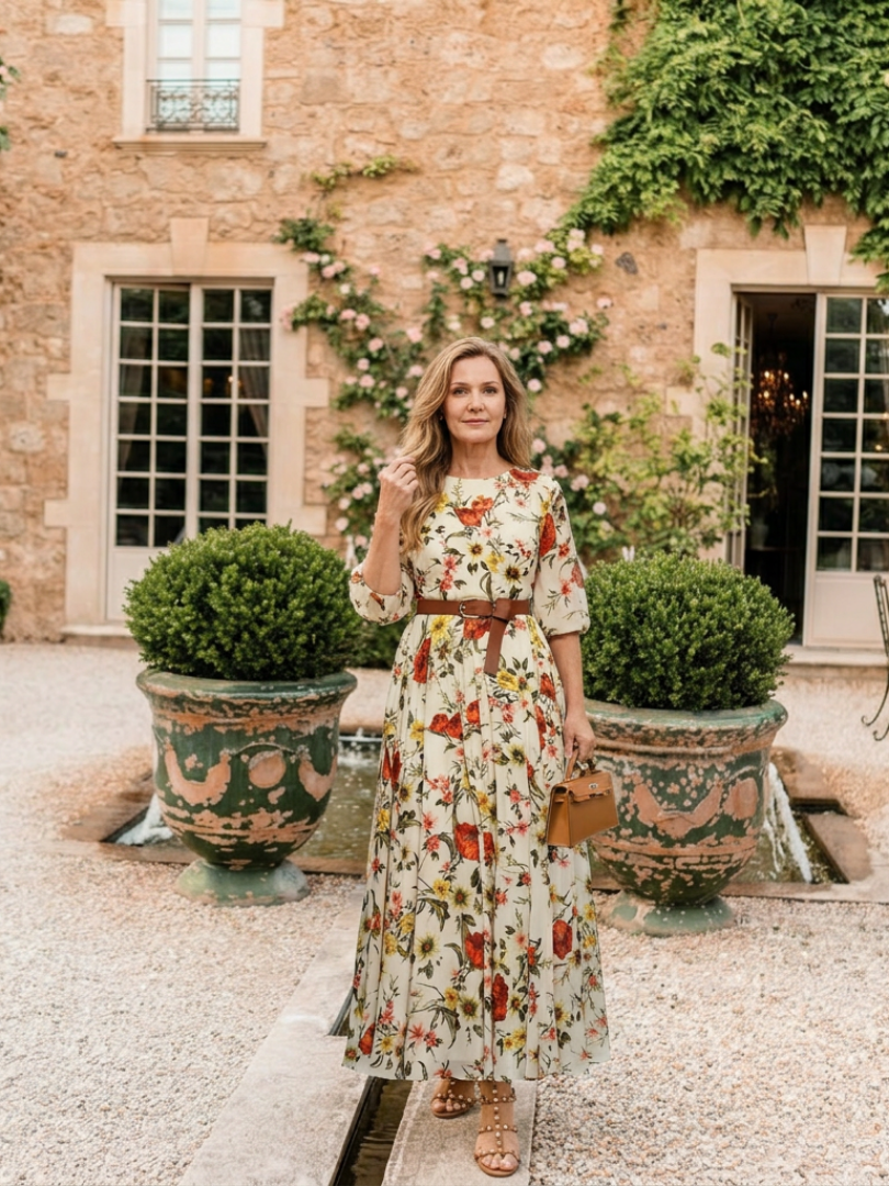 Floral Round Neck Three Quarter Sleeve Belted Maxi Dress