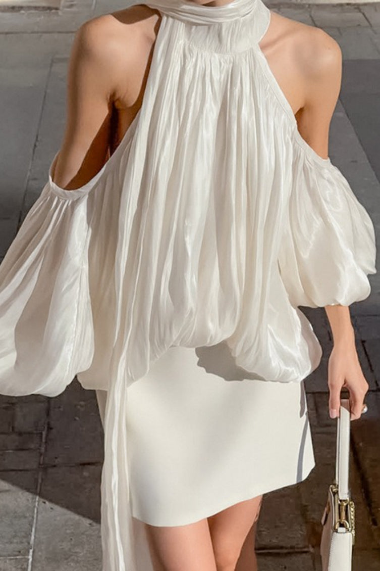 Metallic Halter Tie Neck Long Sleeve Top