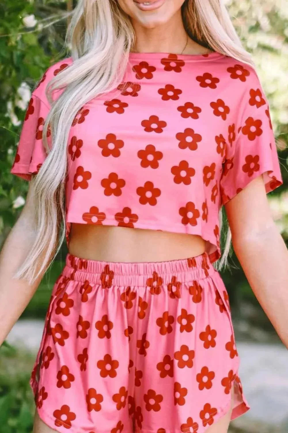 Floral Print Cropped Tee and Elastic Waist Shorts Two Piece Set 5