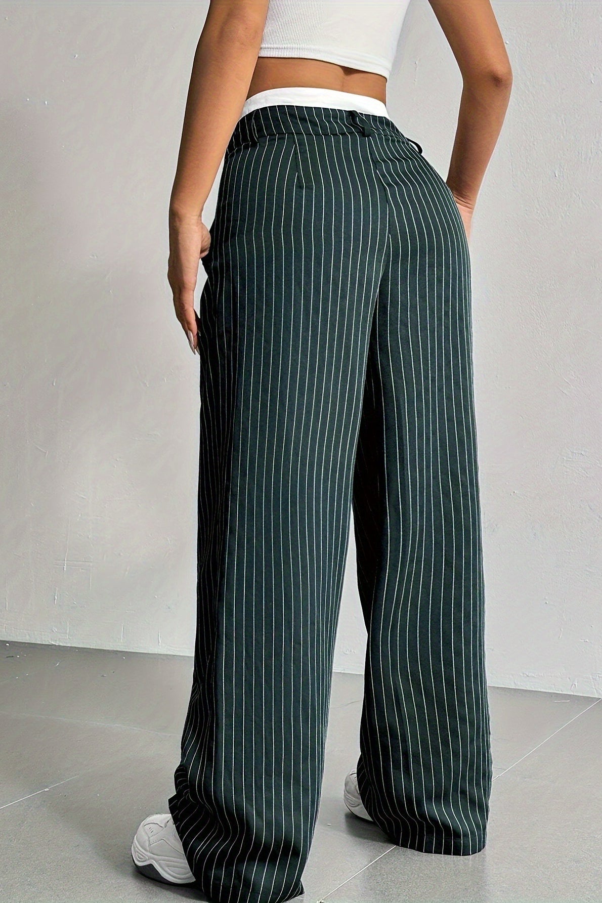 Pinstripe Contrast Waistband Pleated Wide Leg Trousers 13