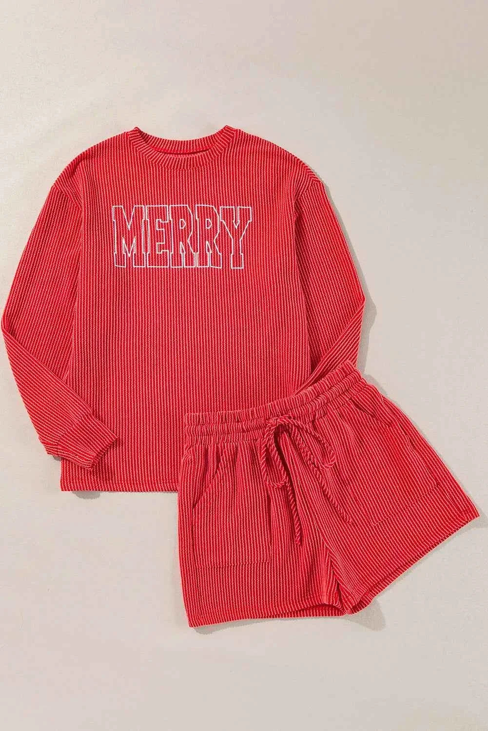 Merry Graphic Ribbed Long Sleeve Top and Drawstring Shorts Two Piece Set 6