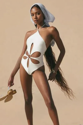 Sexy Solid Asymmetric Cutout Halter Backless One Piece Swimwear