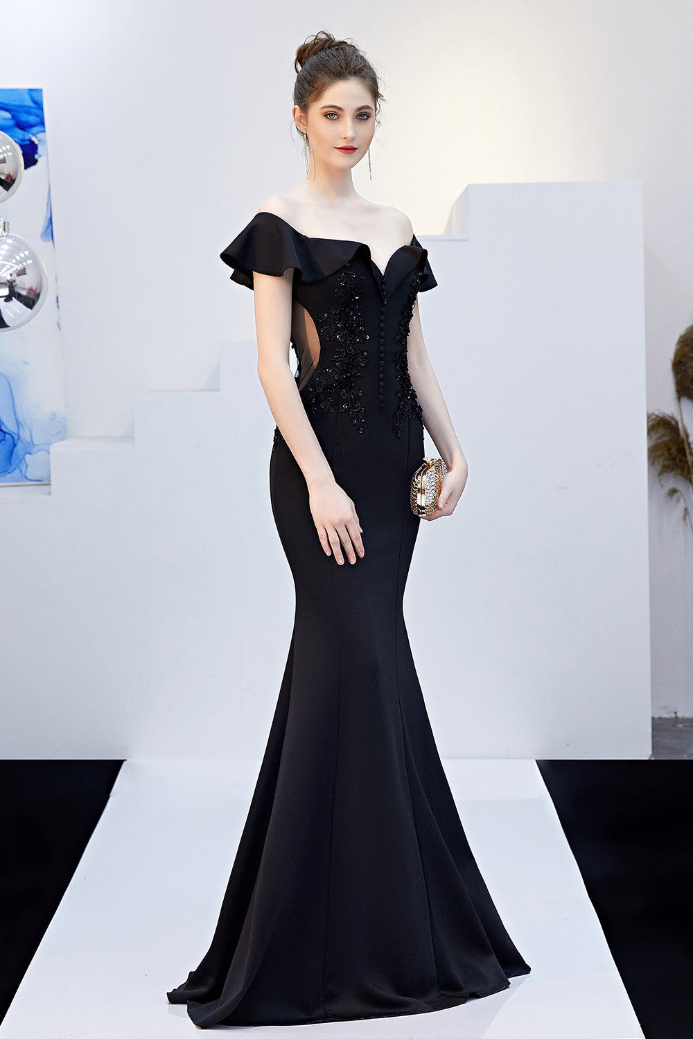 Off Shoulder Ruffle Beaded Mermaid Formal Gown