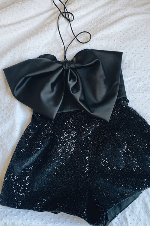Satin Bow Halter Neck Sequin Short Romper