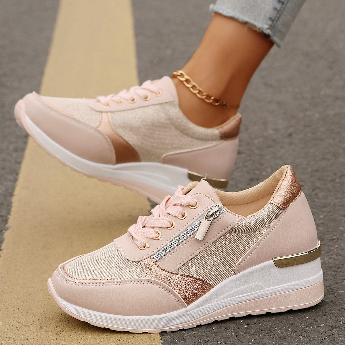 Lace Up Side Zip Wedge Sneakers