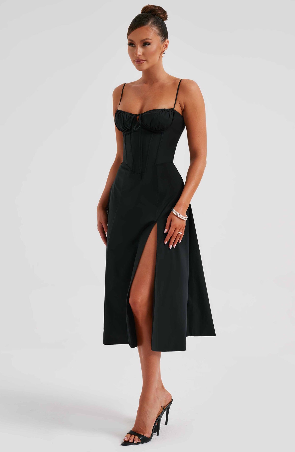 Corset Bodice Sweetheart Cami Strap High Split Midi Dress 5