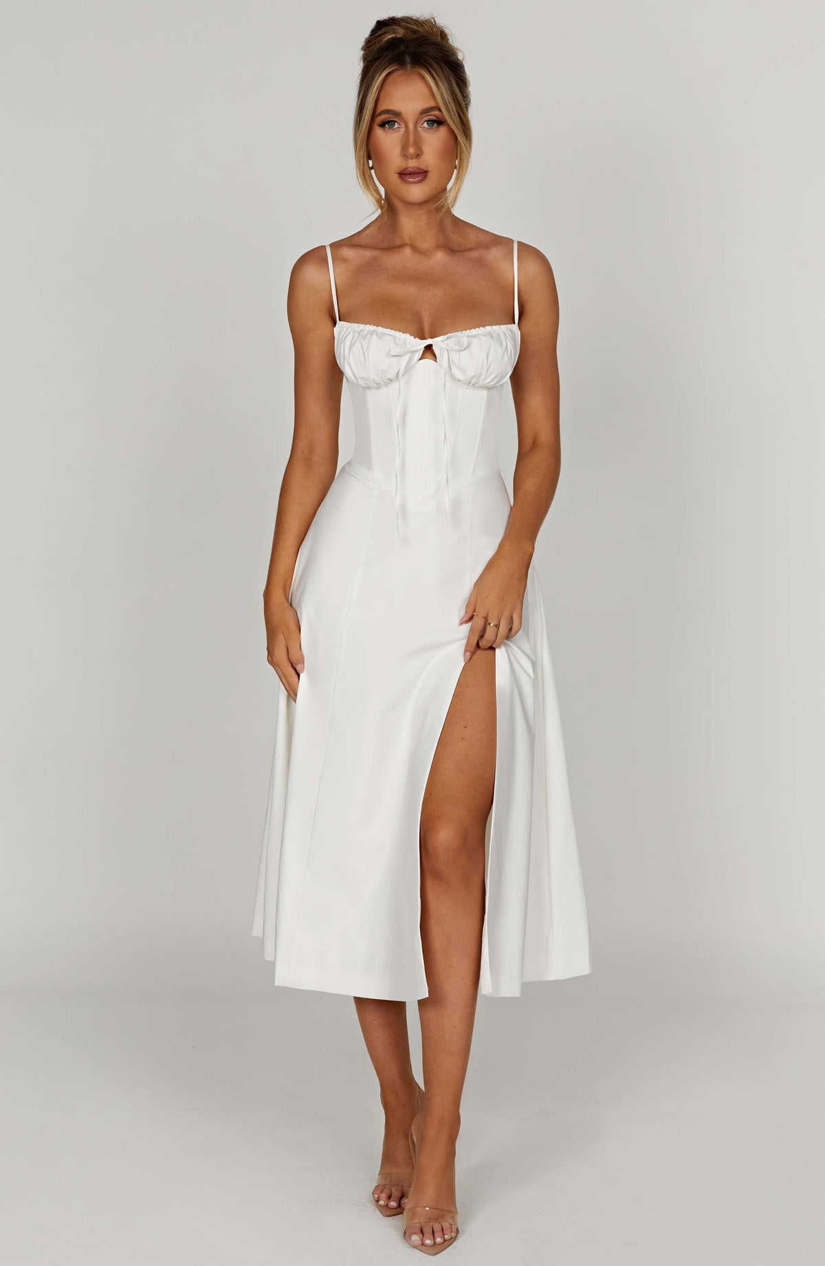 Corset Bodice Sweetheart Cami Strap High Split Midi Dress 8