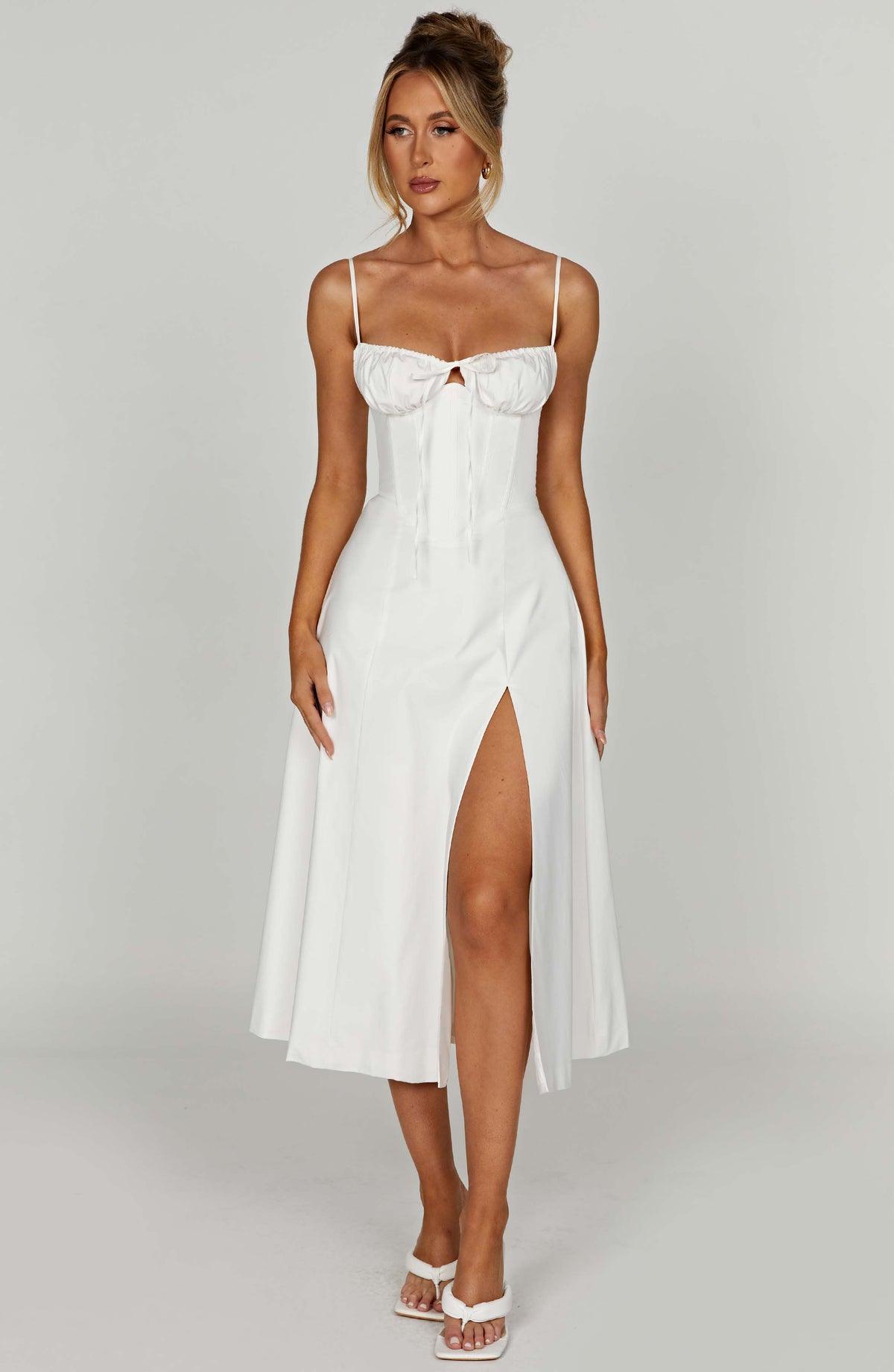 Corset Bodice Sweetheart Cami Strap High Split Midi Dress 10