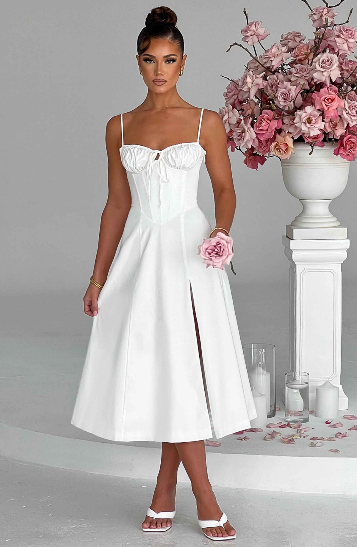 Corset Bodice Sweetheart Cami Strap High Split Midi Dress 3