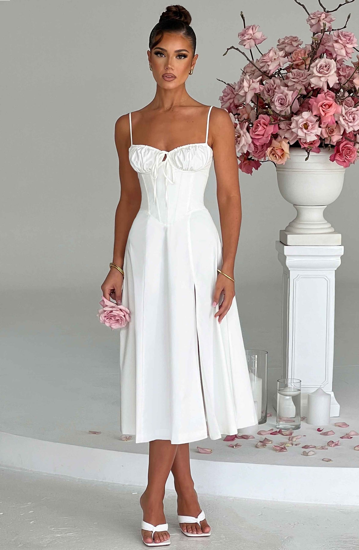 Corset Bodice Sweetheart Cami Strap High Split Midi Dress 4