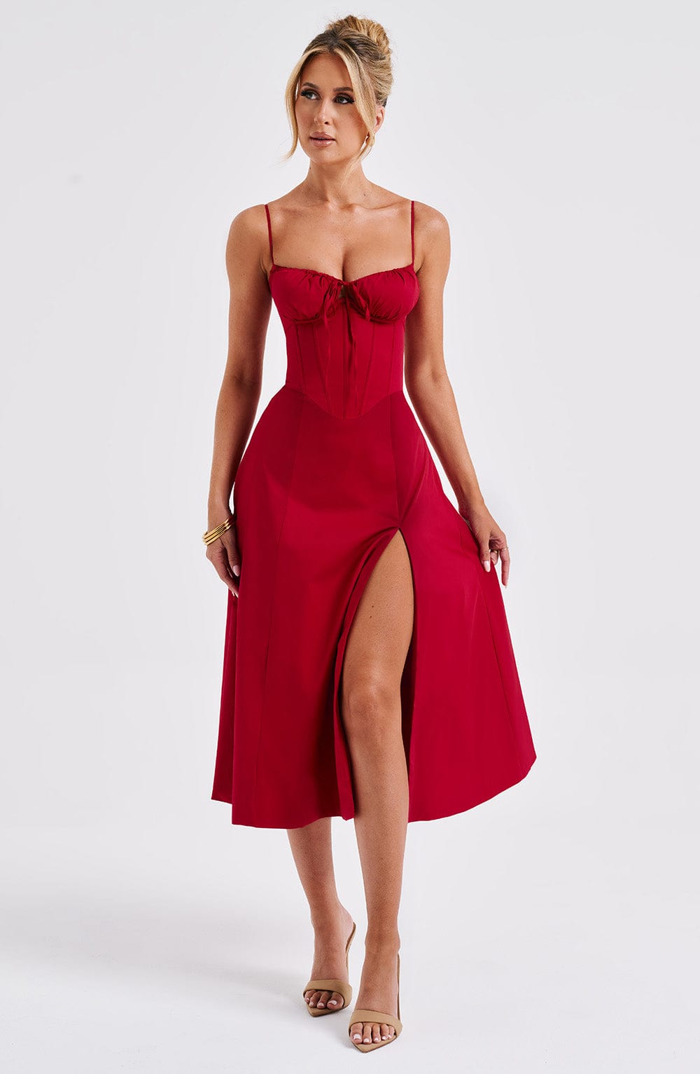 Satin Corset Bodice Spaghetti Strap Tie Front High Split Midi Dress 16