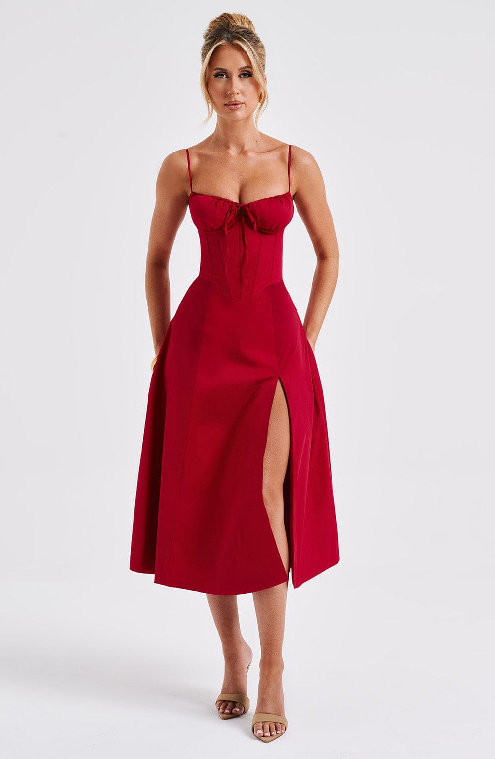 Satin Corset Bodice Spaghetti Strap Tie Front High Split Midi Dress 18