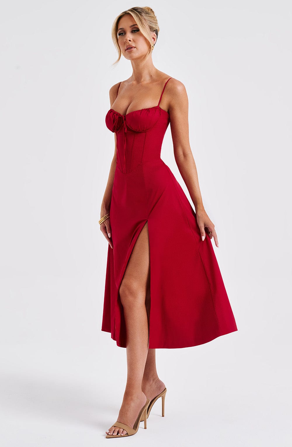 Satin Corset Bodice Spaghetti Strap Tie Front High Split Midi Dress 5