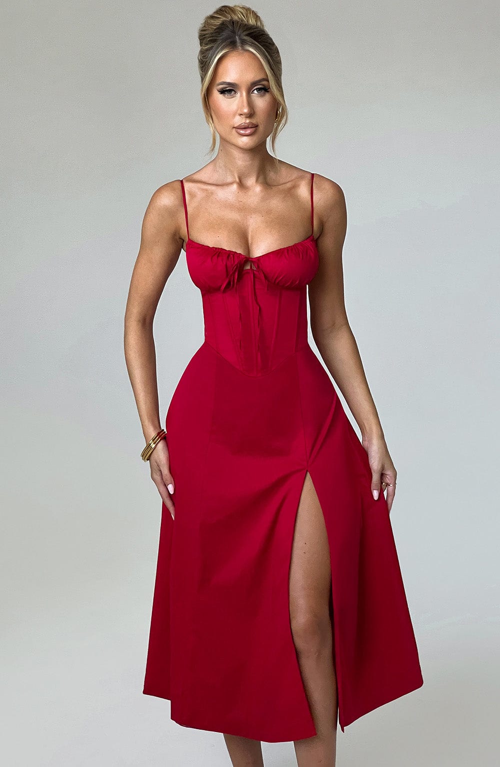Satin Corset Bodice Spaghetti Strap Tie Front High Split Midi Dress 12