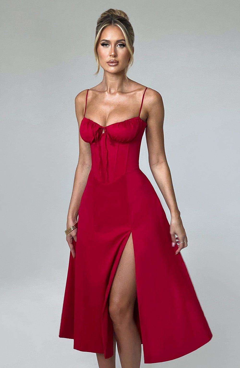 Satin Corset Bodice Spaghetti Strap Tie Front High Split Midi Dress 11