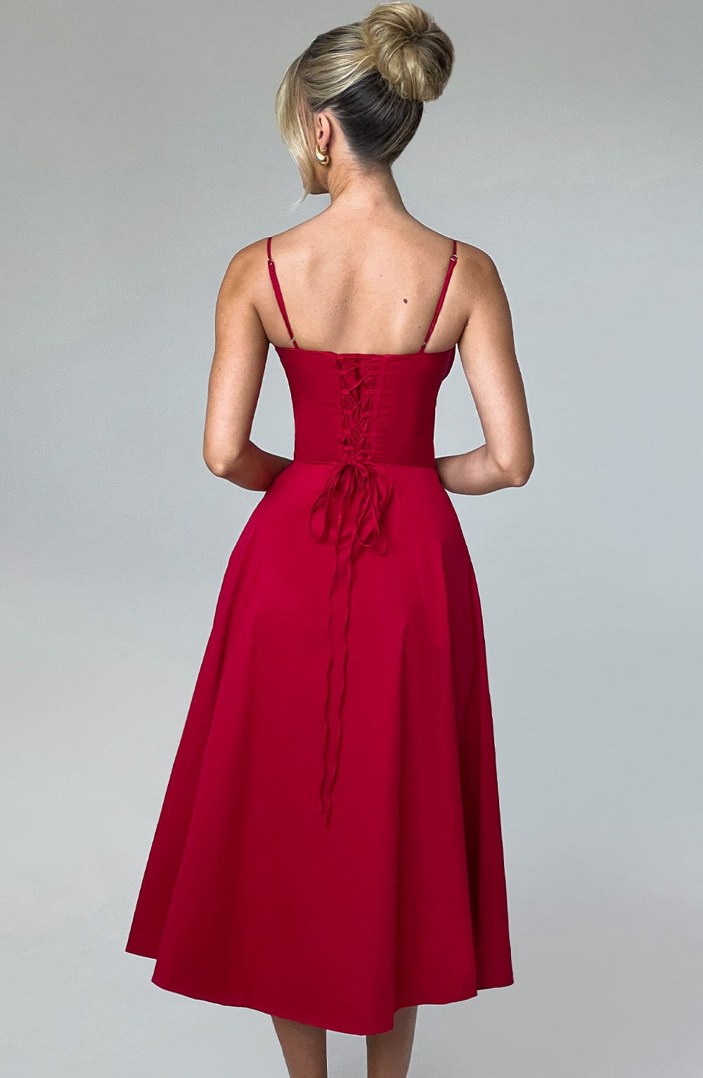 Satin Corset Bodice Spaghetti Strap Tie Front High Split Midi Dress 9