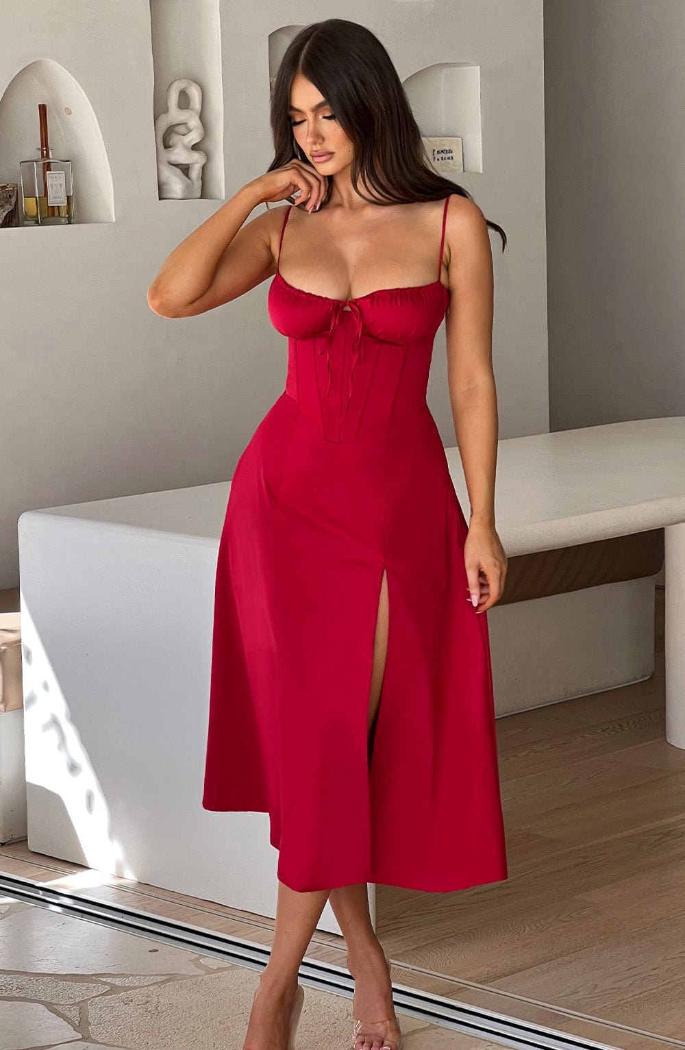 Satin Corset Bodice Spaghetti Strap Tie Front High Split Midi Dress 8