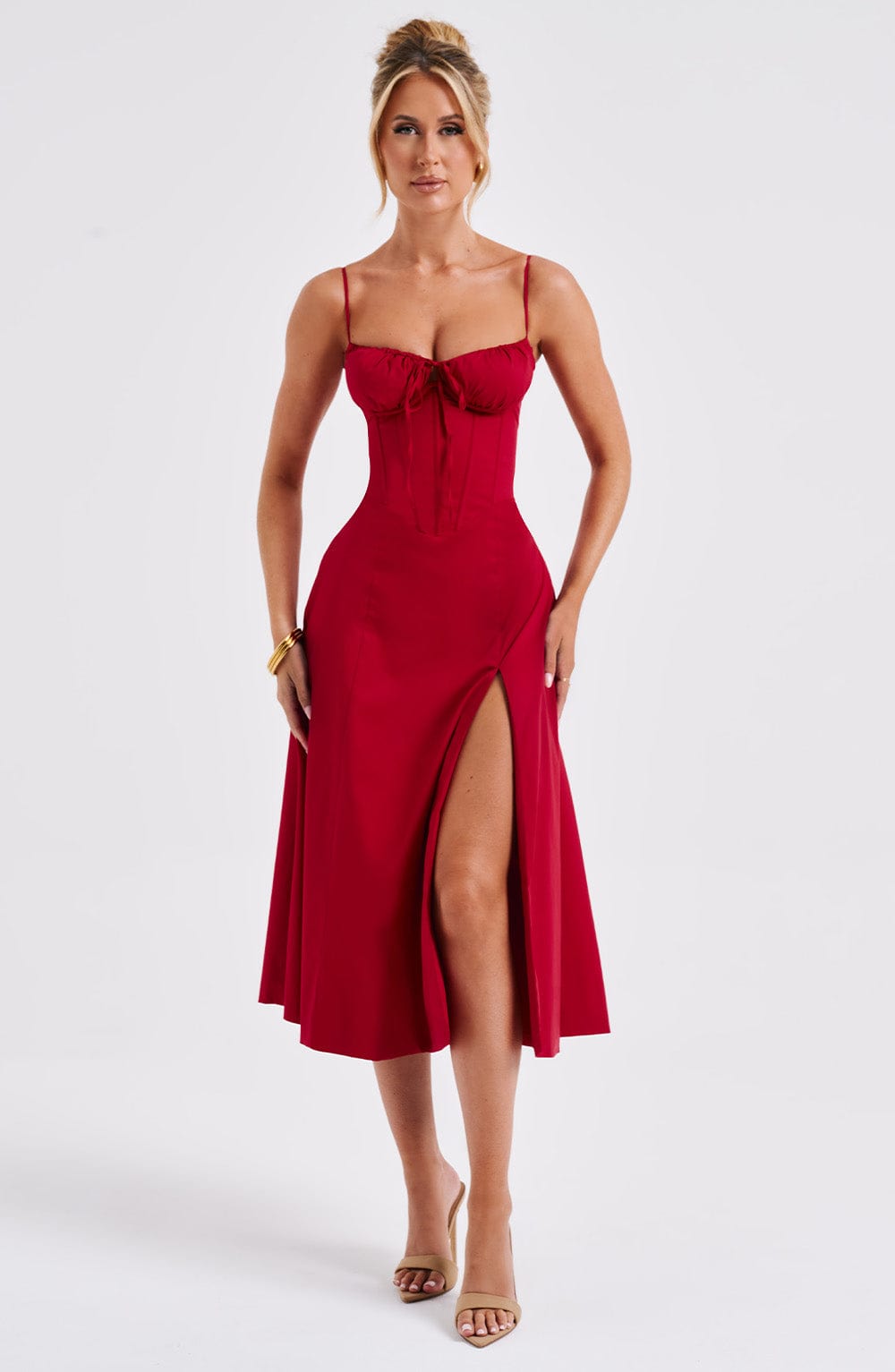 Satin Corset Bodice Spaghetti Strap Tie Front High Split Midi Dress 17