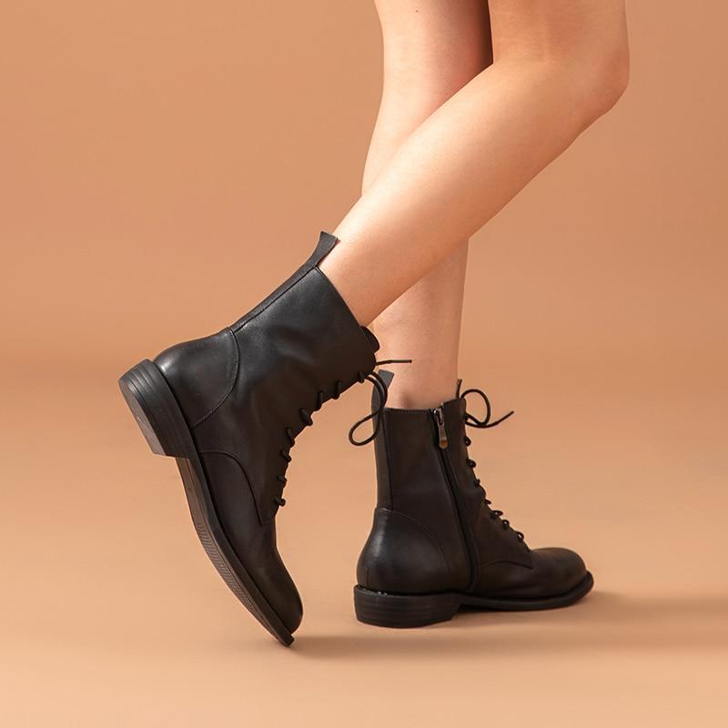 Ankle Boots Women Genuine Cow Leather Waxing Round Toe Lace Up Zip Fashion Motorcycle Female Shoes Handmade