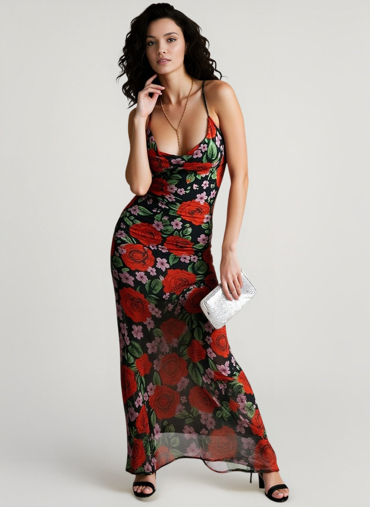 Rose Floral Print Mesh Cowl Neck Spaghetti Strap Bodycon Maxi Dress