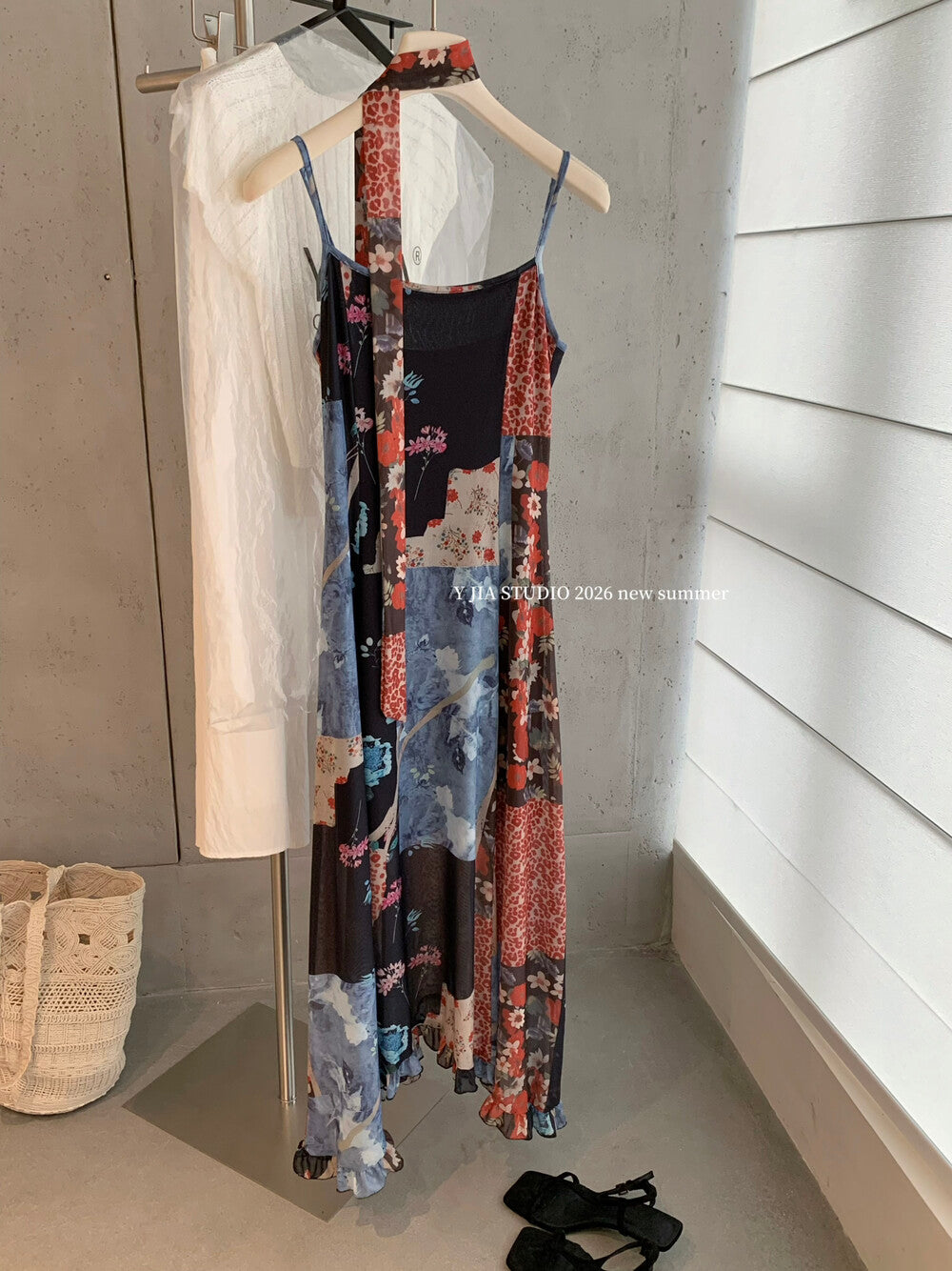 Floral Patchwork Spaghetti Strap Ruffle Maxi Dress 23