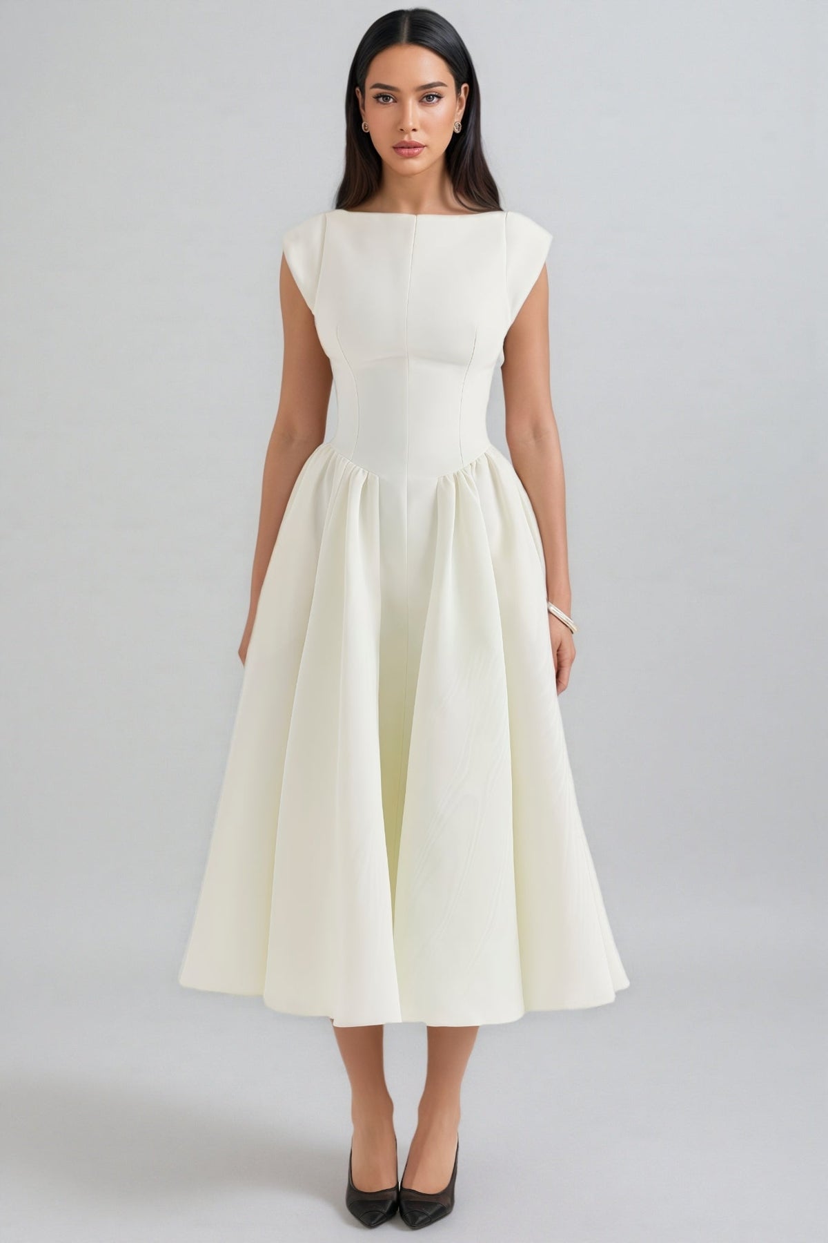 Boat Neck Cap Sleeve Drop Waist Fit and Flare Midi Dress