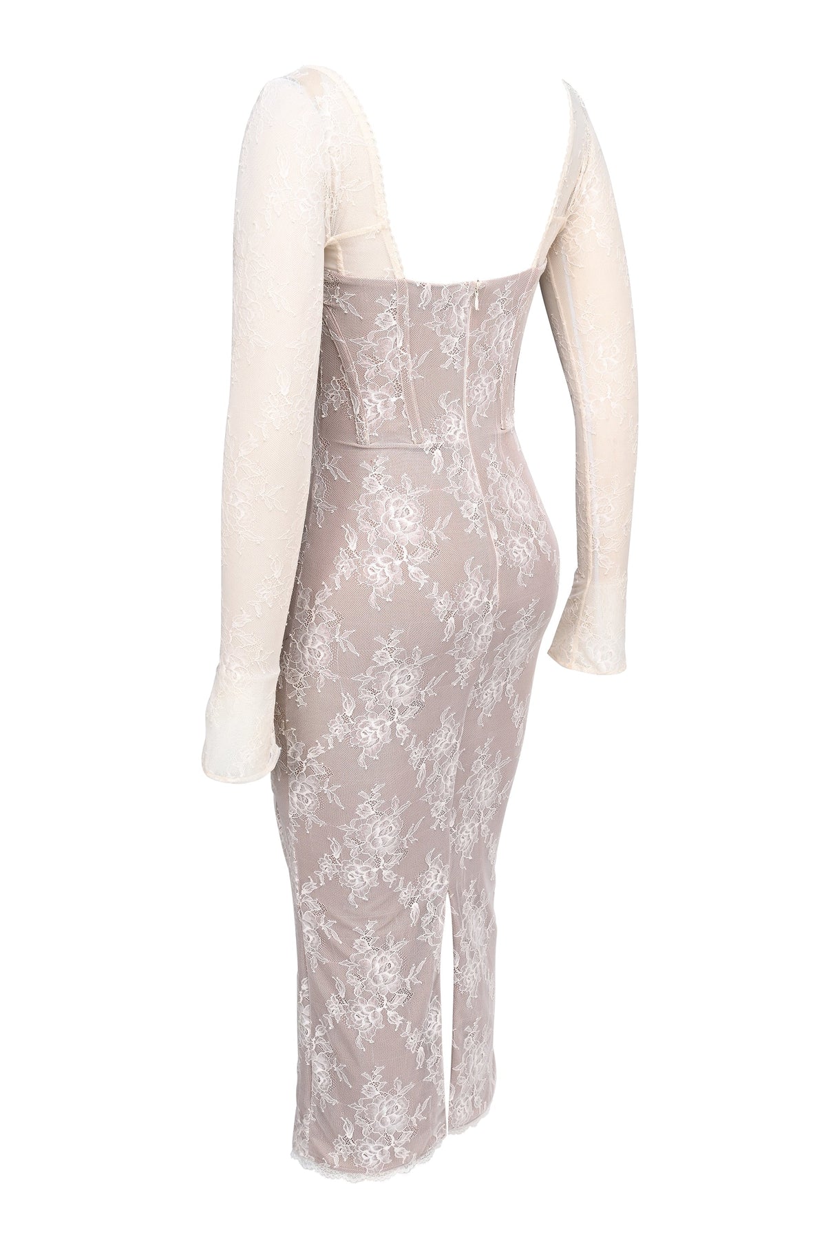 Floral Lace Corset Bodice Sweetheart Long Sleeve Midi Dress 13