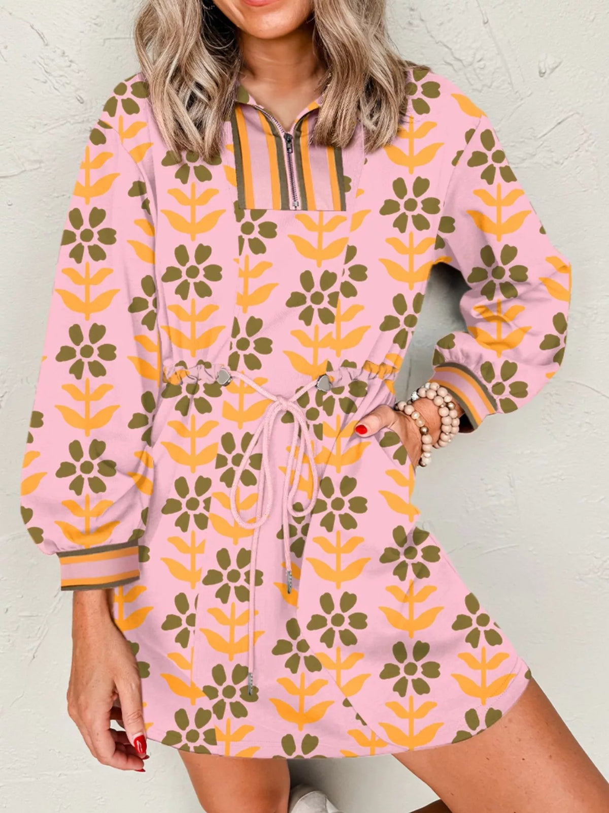 Floral Print Half Zip Long Sleeve Drawstring Waist Mini Dress