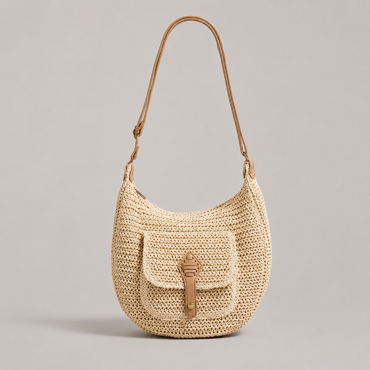 Woven Straw Front Pocket Shoulder Bag
