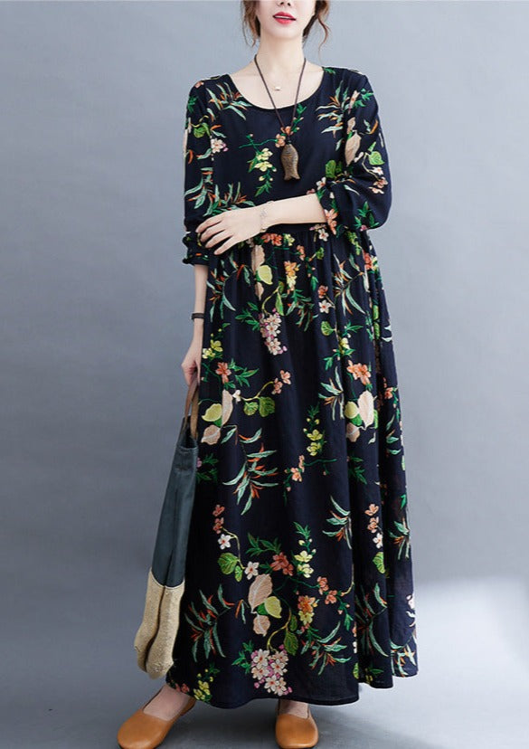 Floral Print Round Neck Long Sleeve Empire Waist Oversized Maxi Dress