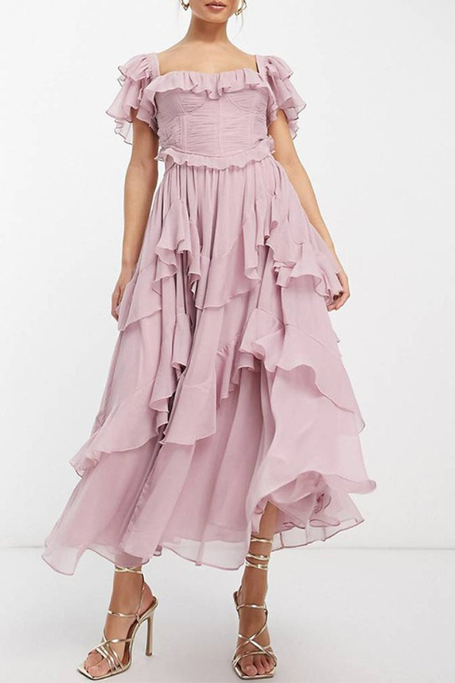Chiffon Off Shoulder Corset Tiered Ruffle Midi Prom Dress