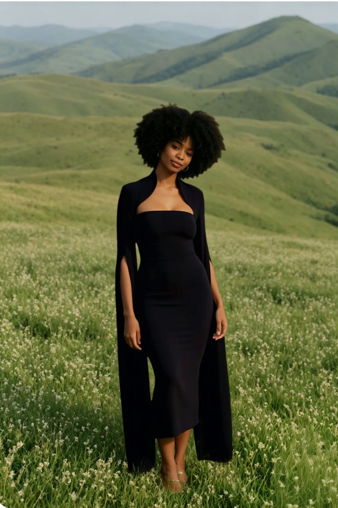 Cape Long Sleeve Back Slit Midi Dress