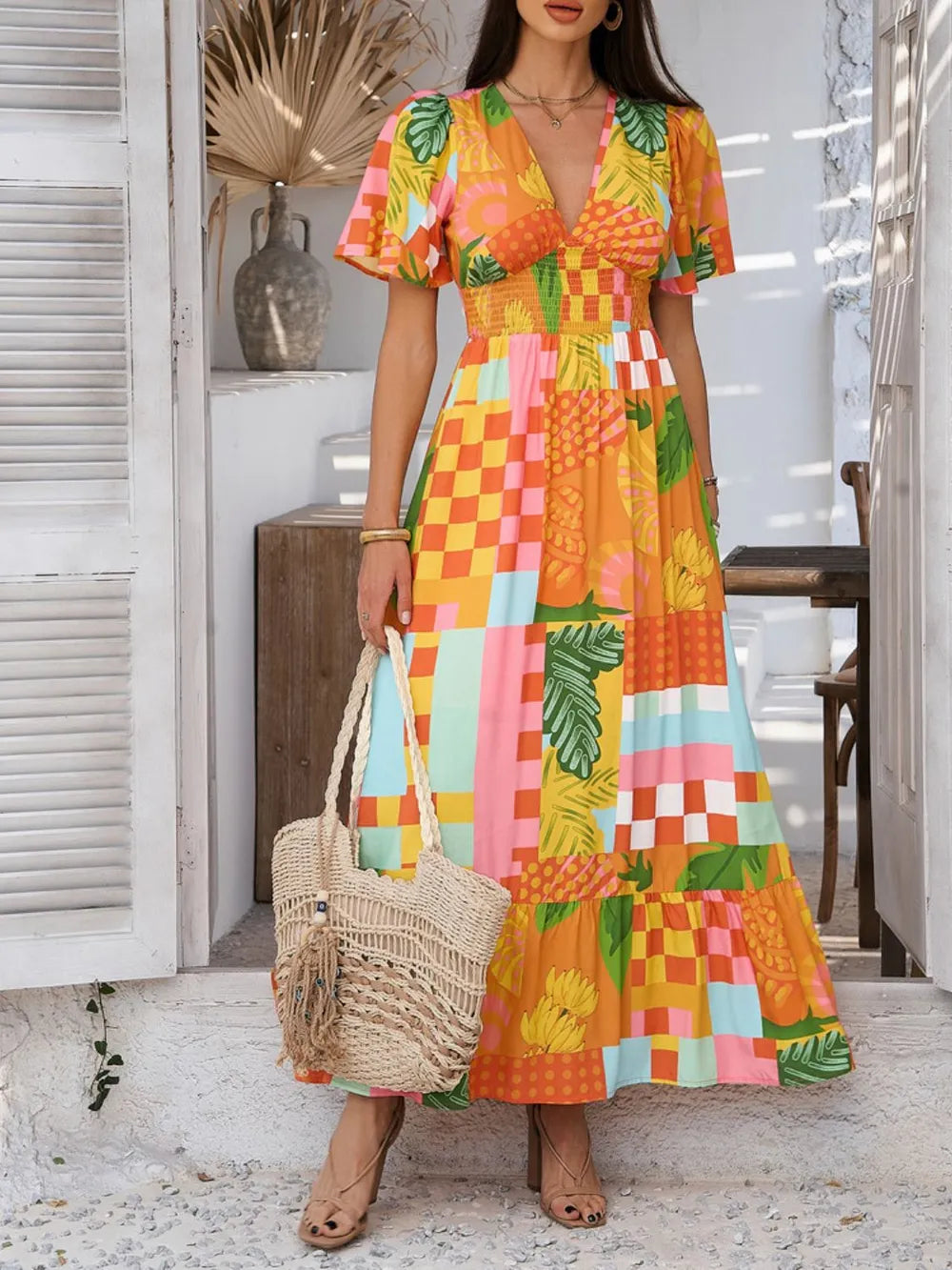 Devine Smocked Printed V-Neck Short Sleeve Maxi Dress Tangerine