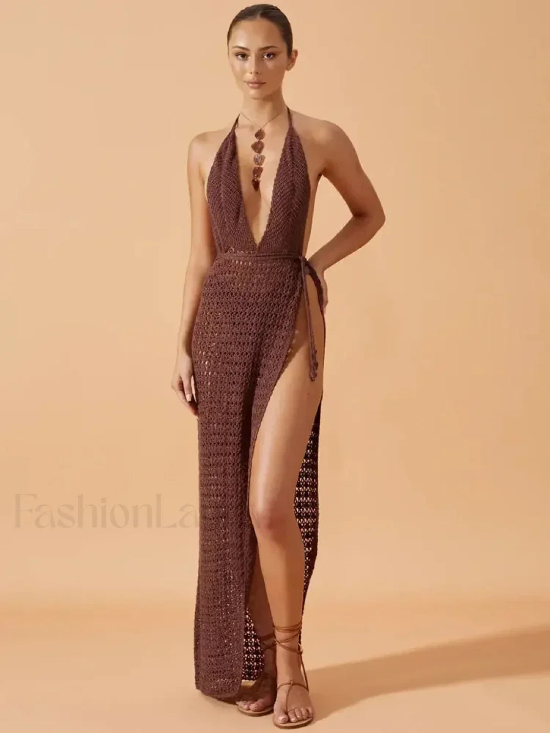 Deep V Backless Slit Maxi Cover Up