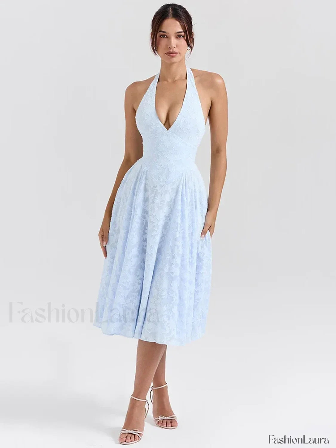 Deep V Halter Pleated Midi Dress