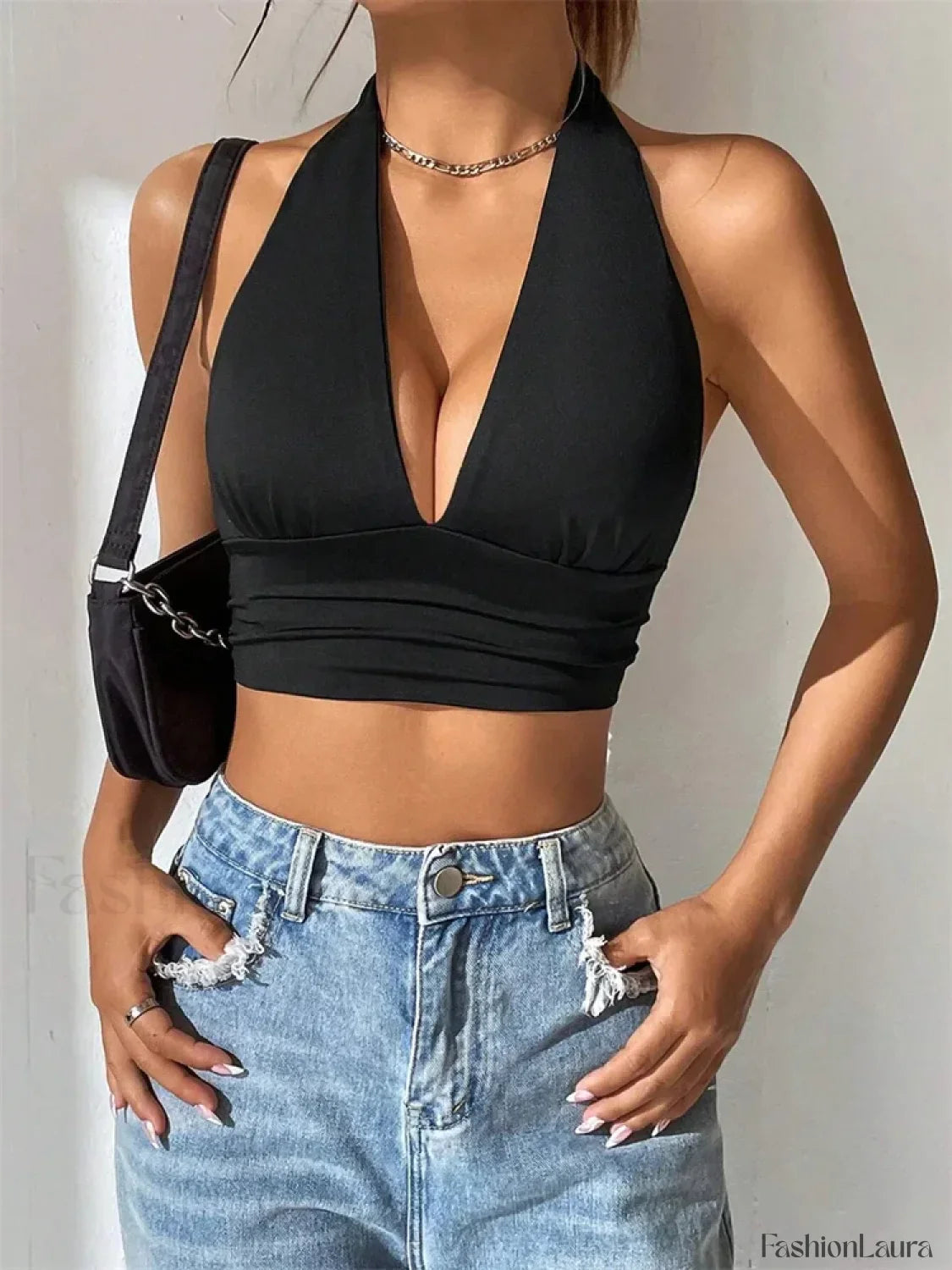 Deep V-Neck Halter Backless Solid Color Sexy Club Crop Top