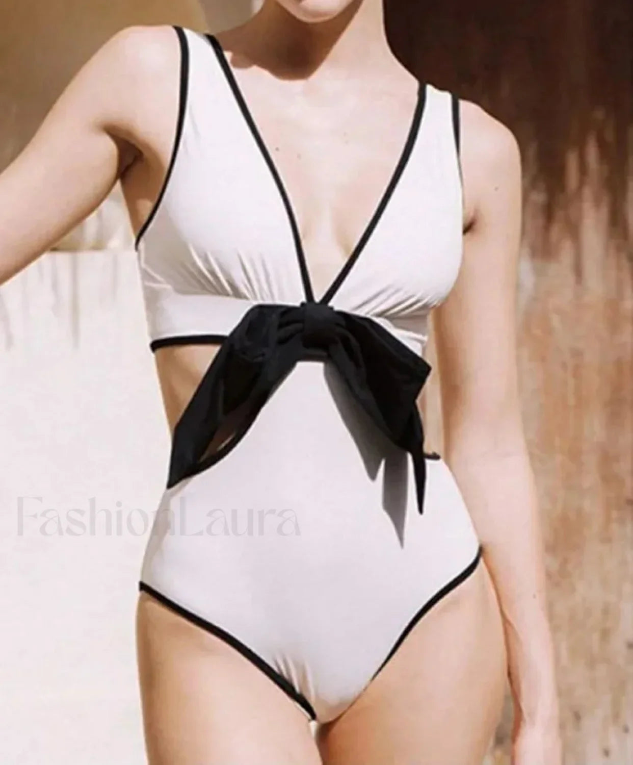 Deep V-Neck Hollow Out Bow One Piece