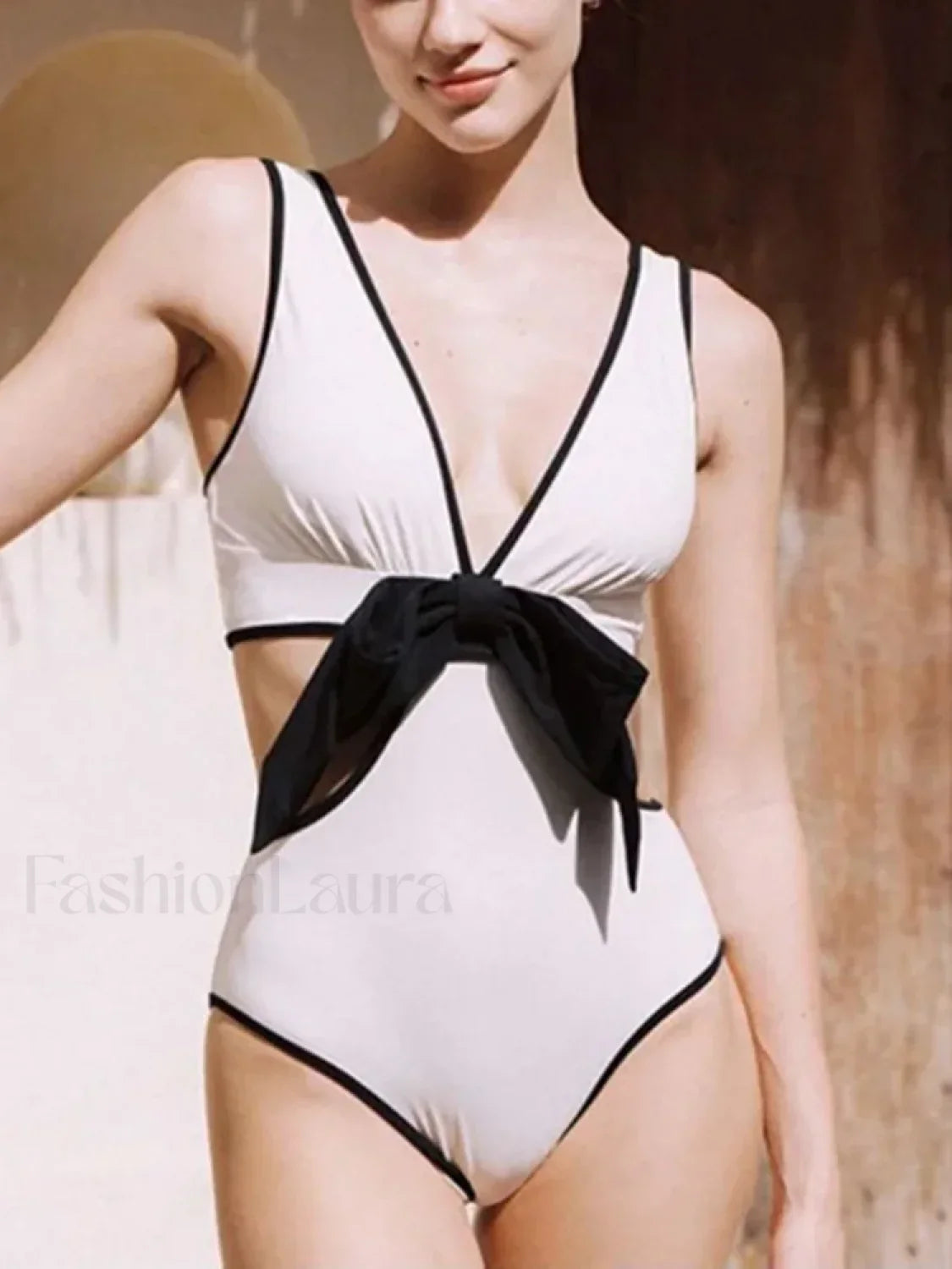 Deep V Neck Hollow Out Bow One Piece WHITE / S