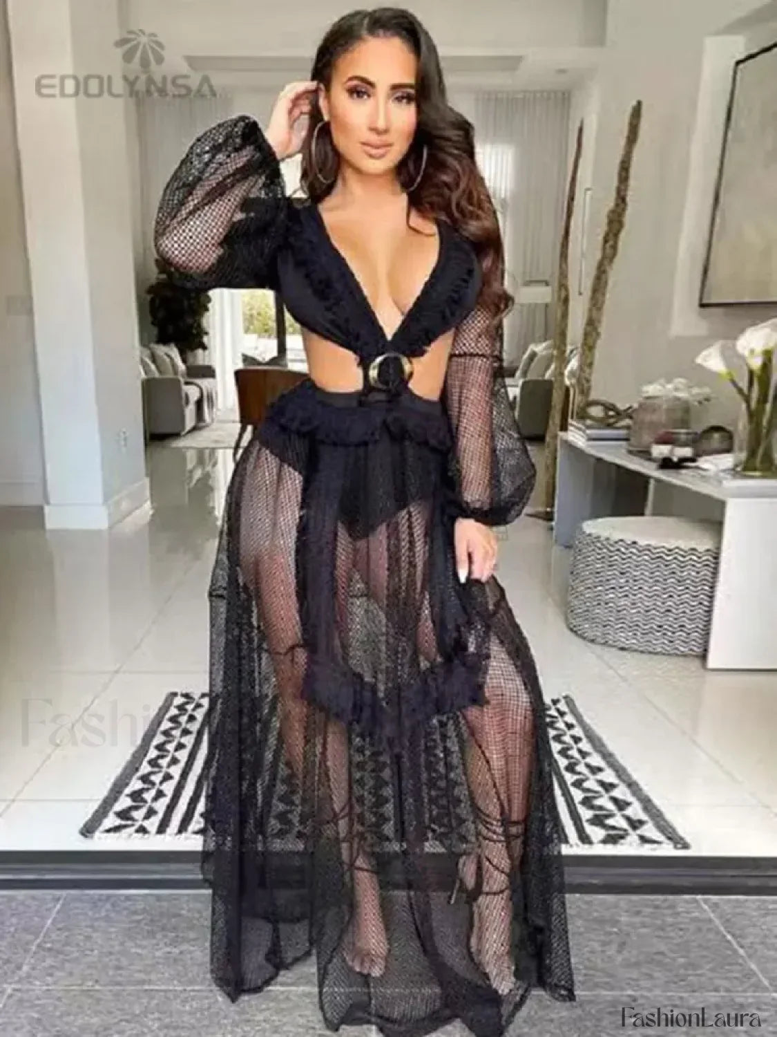 Deep V-neck Lace Cover Up