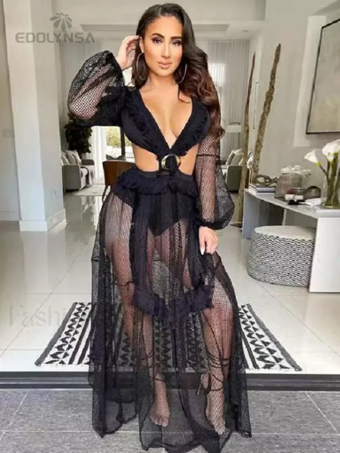 Deep V-neck Lace Cover Up