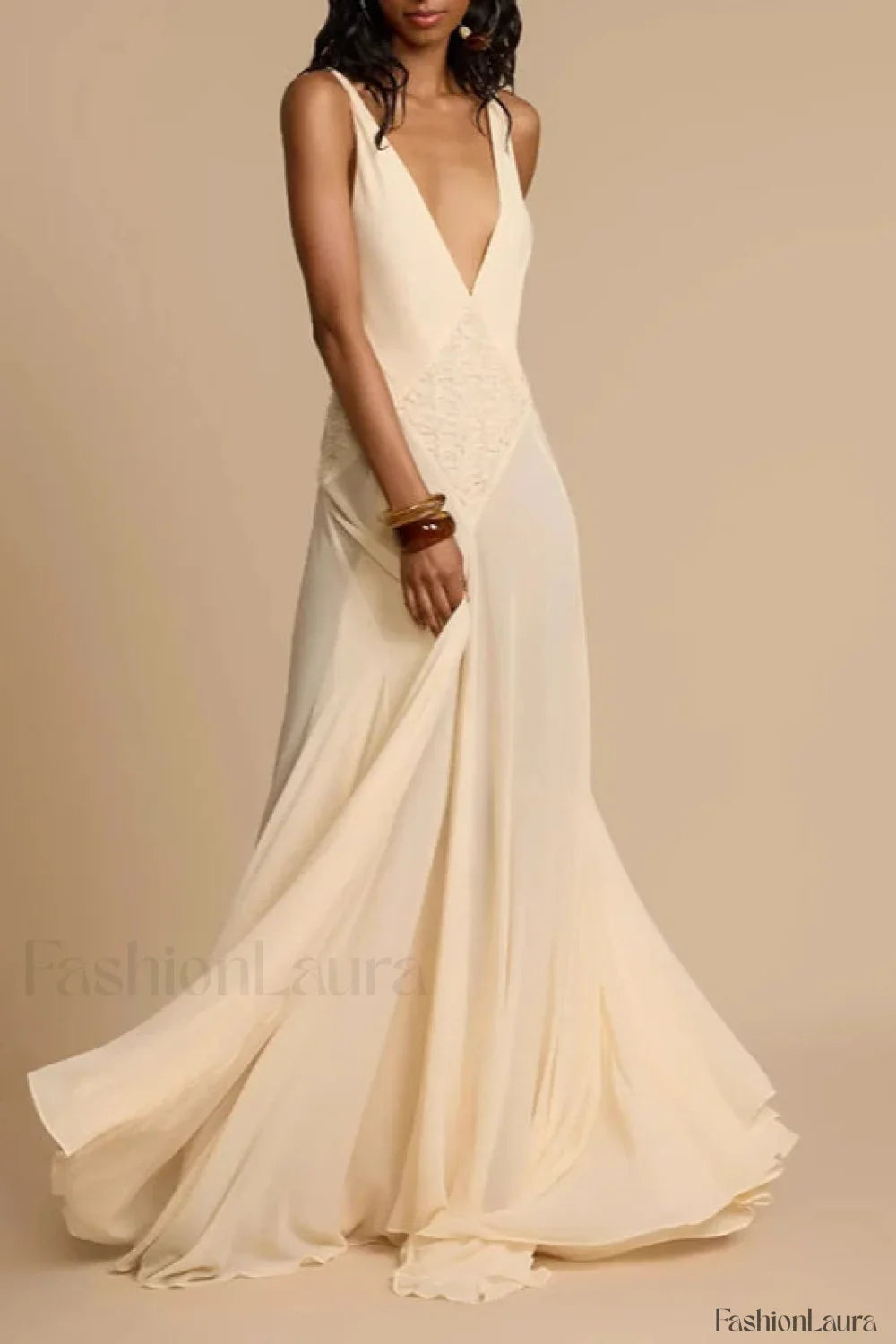 Deep V Neck Lace Patchwork Boho Dress