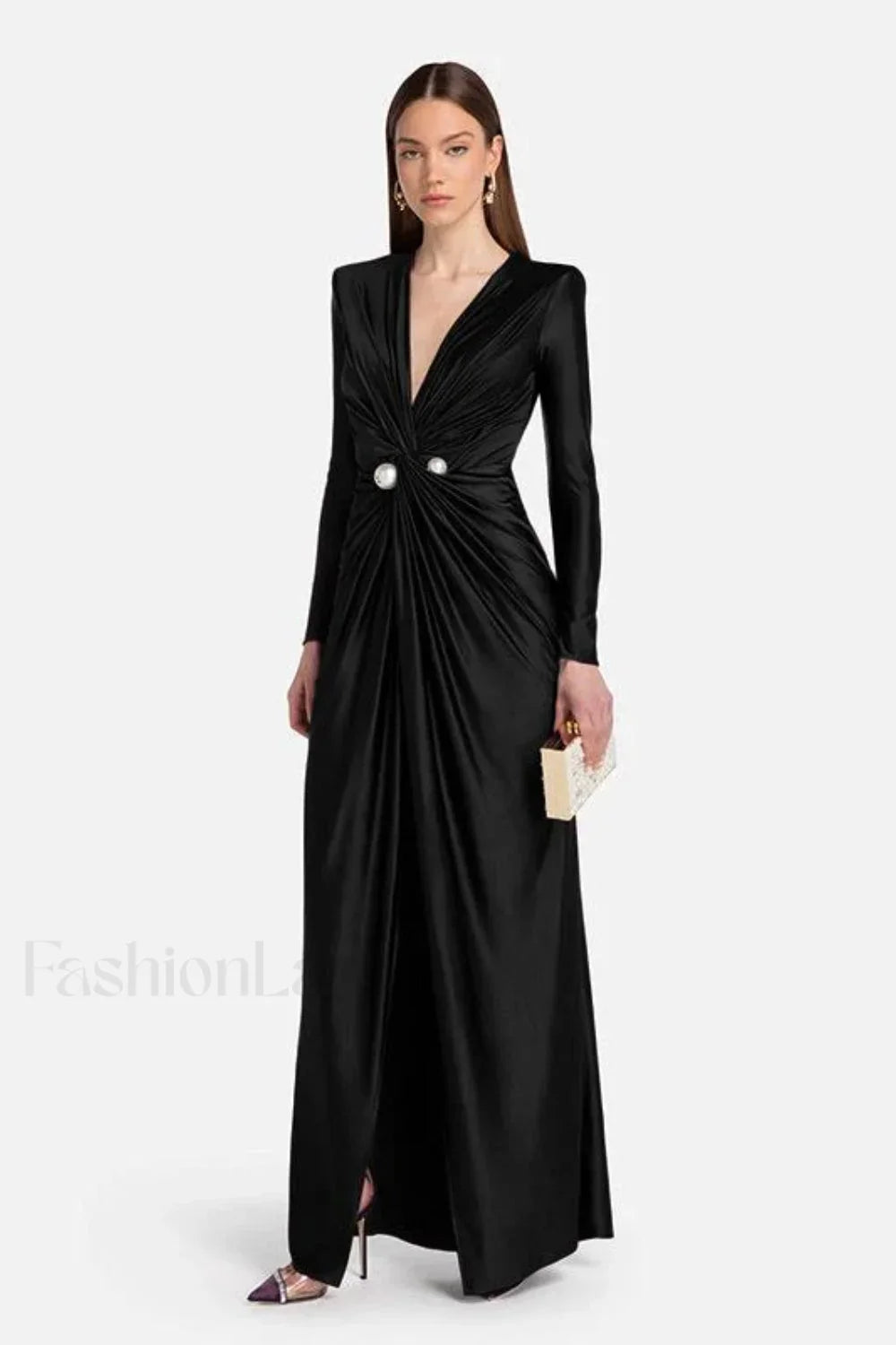 Deep V-Neck Long Sleeve Split-End Maxi Dress