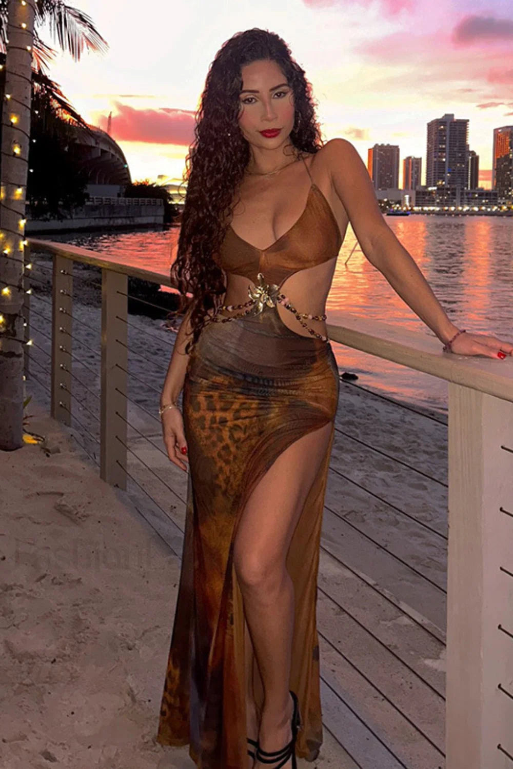 Deep V Neck Side-Slit Bodycon Maxi Dress