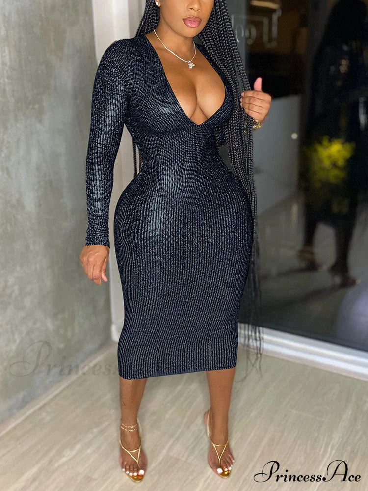 Deep V Neck Trendy Lace Up Midi Dress