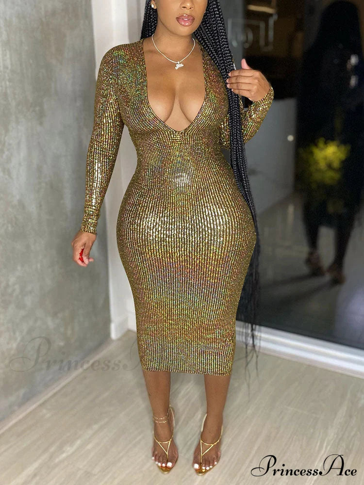 Deep V Neck Trendy Lace Up Midi Dress