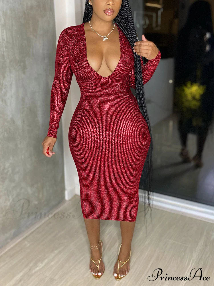 Deep V Neck Trendy Lace Up Midi Dress